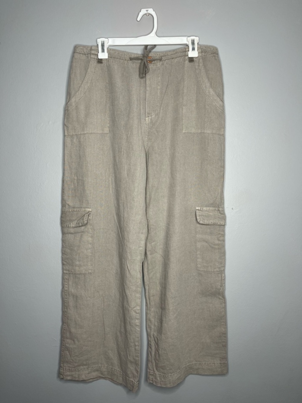 Sincerly Jules Women’s Lagenlook Taupe Tan Linen Cargo Pants w Drawstring NWT
